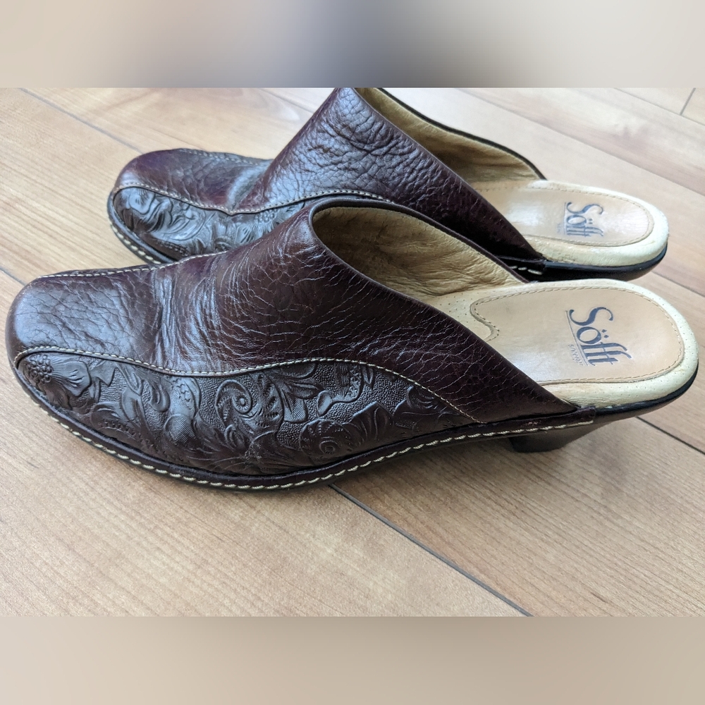 Sofft London Women's Brown Floral Embossed Leather Mules Clogs Shoes Size 9 M